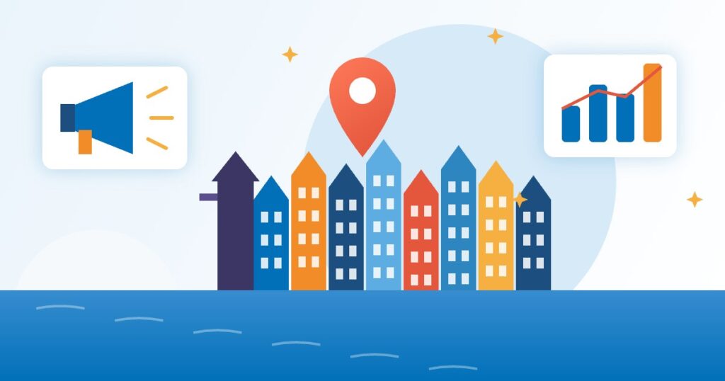 Reklama firmy w Gdańsku – ilustracja: gdańskie kamienice, pinezka w Mapach Google i wykres wyników kampanii